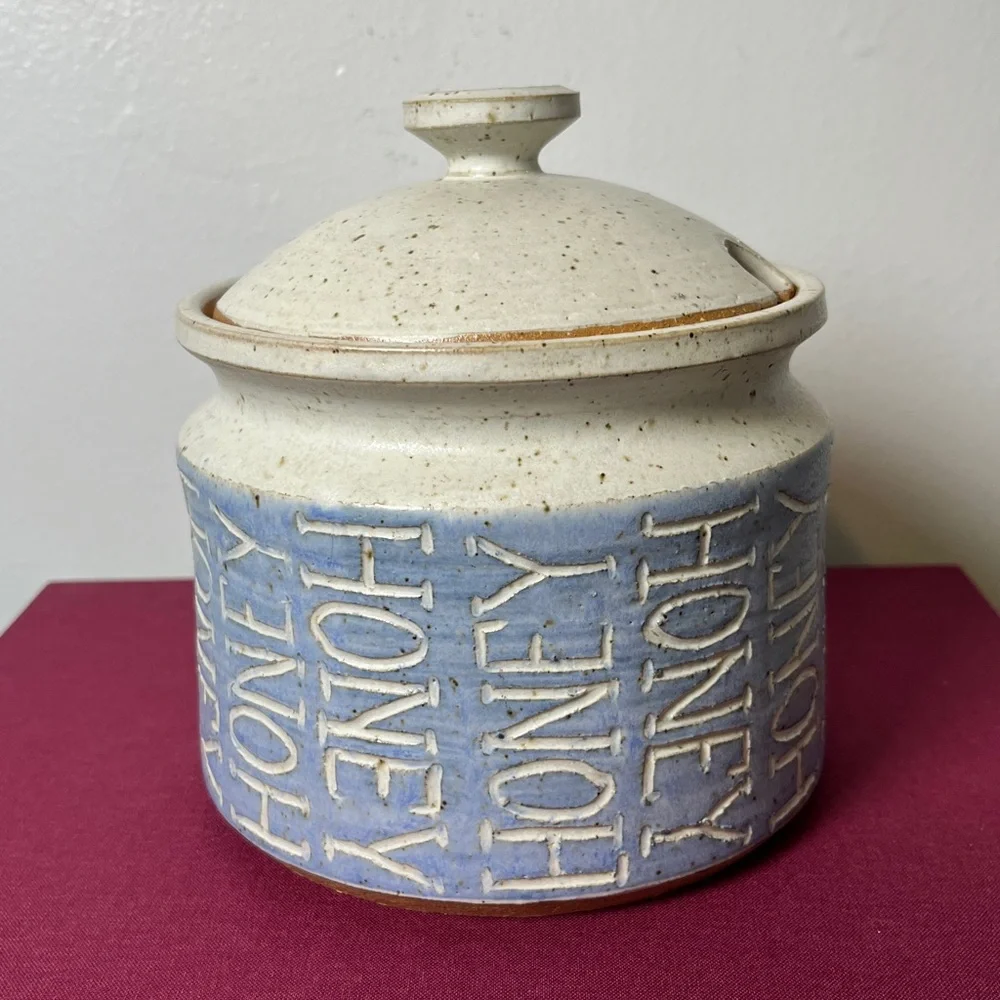 Maple Shadows Pottery Speckled Gray & Blue Large HONEY pot Farmhouse Country Vtg